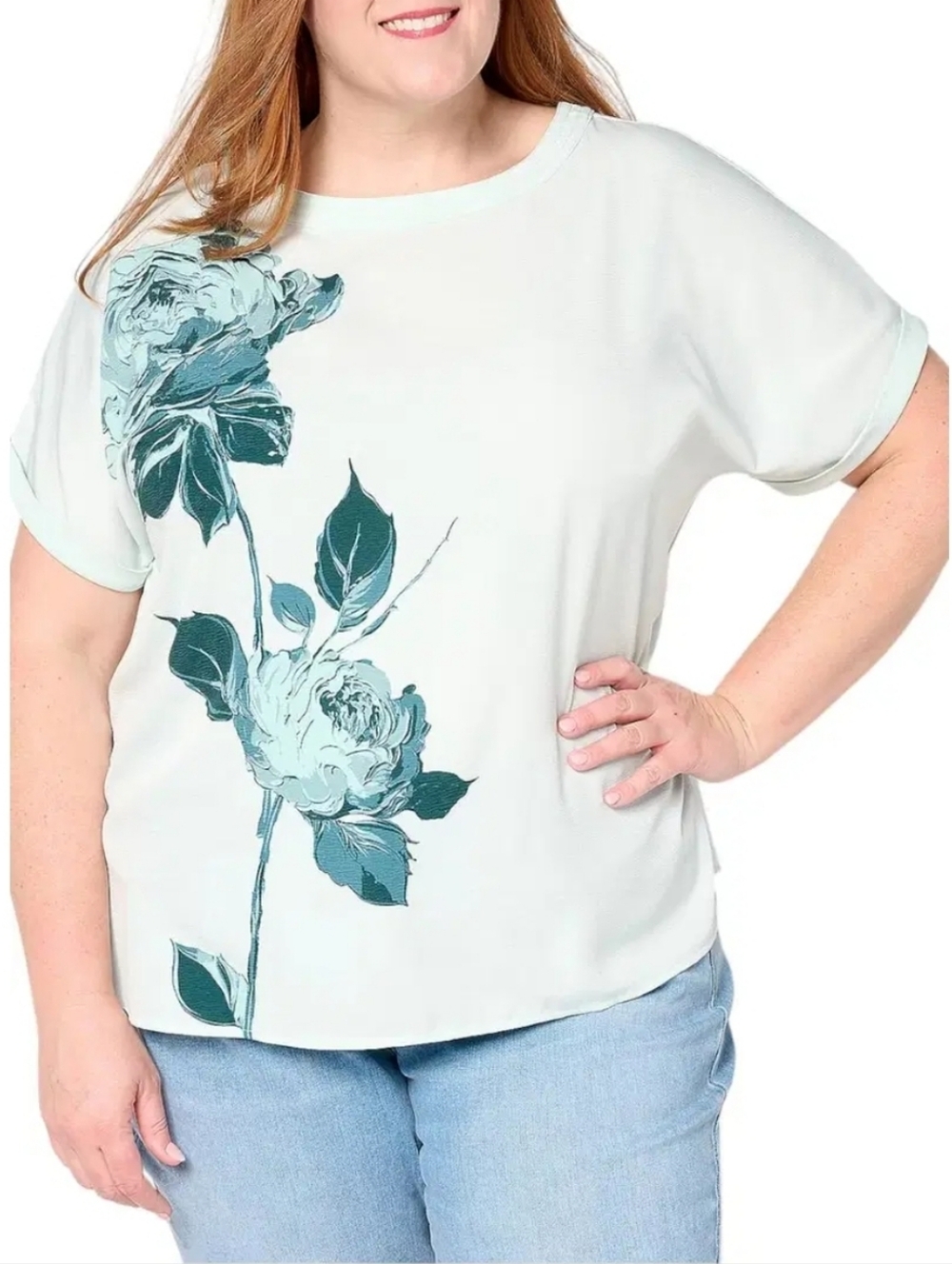 NWOT Beautiful by Lawrence Zarian Mint Green Floral Rose T-Shirt - Size Medium